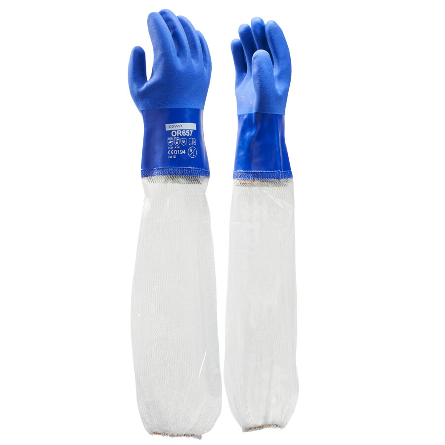 Towa: katoenen handschoen blauw PVC gecoat 65cm CAT 3