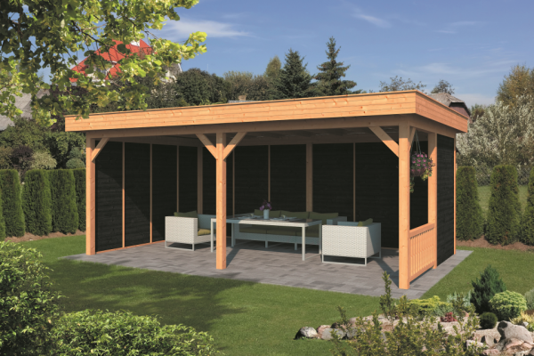 Overkapping plat dak Oslo XL Type 3 Lariks Douglas Geschaafd 678 x 430 x 272 cm - Zwarte Wanden