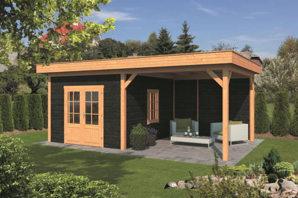 Overkapping plat dak Oslo XL Type 4 Lariks Douglas Geschaafd 678 x 430 x 272 cm - Zwarte Wanden