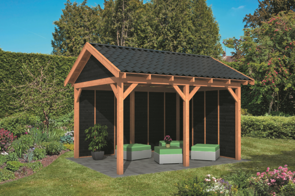 Overkapping Zadeldak Hamar L type 2 Lariks Douglas Geschaafd 478 x 395 x 348 cm - Zwarte Wanden