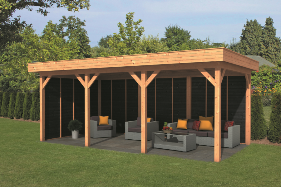 Overkapping plat dak Oslo L Type 6 Lariks Douglas Geschaafd 690 x 380 x 272 cm - Zwarte Wanden