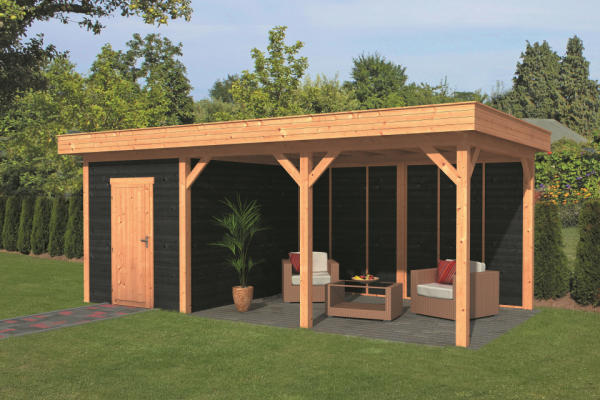 Overkapping plat dak Oslo L Type 7 Lariks Douglas Geschaafd 690 x 380 x 272 cm - Zwarte Wanden