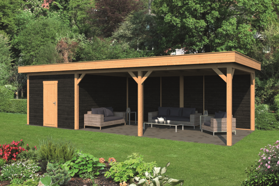 Overkapping plat dak Oslo XL Type 7 Lariks Douglas Geschaafd 990 x 430 x 272 cm - Zwarte Wanden