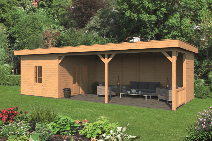 Overkapping plat dak Oslo XL Type 8 Lariks Douglas Geschaafd 990 x 430 x 272 cm - Blanke Wanden