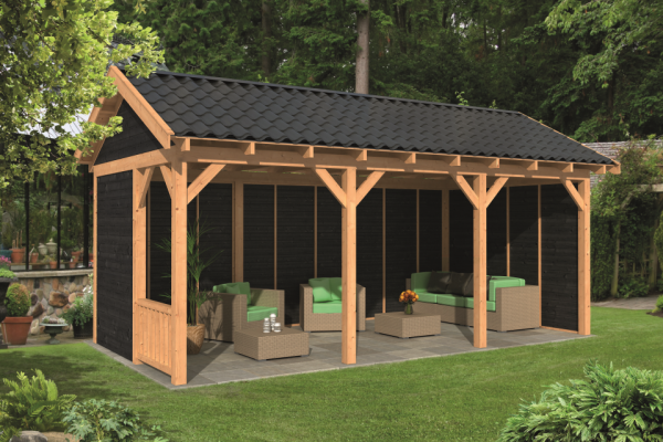 Overkapping Zadeldak Hamar L type 6 Lariks Douglas Geschaafd 690 x 395 x 348 cm - Zwarte Wanden