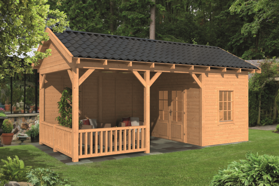 Overkapping Zadeldak Hamar L type 7 Lariks Douglas Geschaafd 690 x 395 x 348 cm - Blanke Wanden