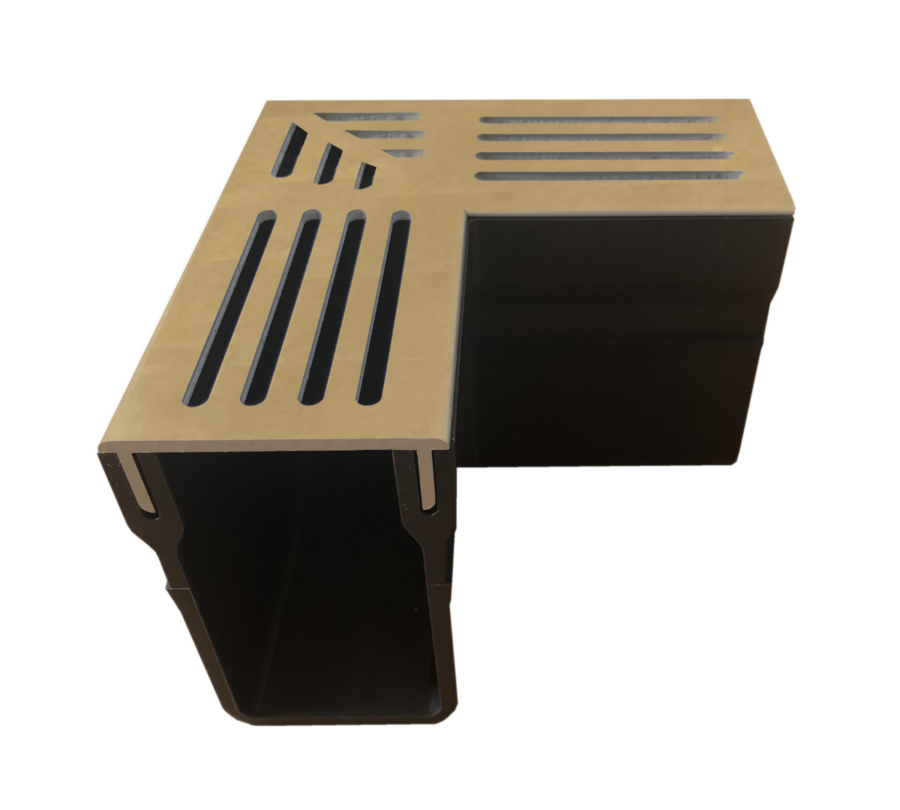 +Garden Drain® 65/100 hoekstuk met Corten staal rooster
