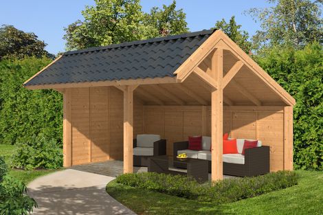 Kapschuur Bergen L type 2 Lariks Douglas Geschaafd 468 x 306 x 281 cm - Blanke Wanden