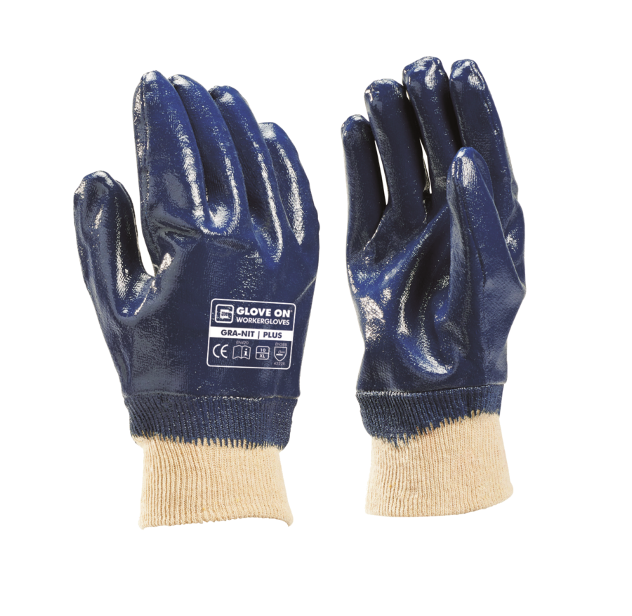 Glove On werkhandschoen gra plus NBR blauw gesloten rug tricot boord