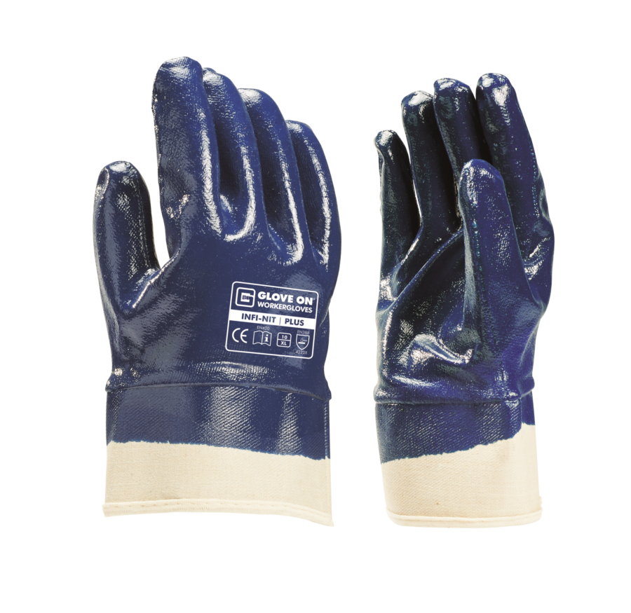 Glove On werkhandschoen NBR inf plus blauw gesloten rug canvas kap
