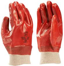 PVC gecoate handschoen rood, gesloten rug, tricot boord