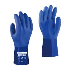 Towa: katoenen handschoen blauw PVC gecoat 30cm CAT 3