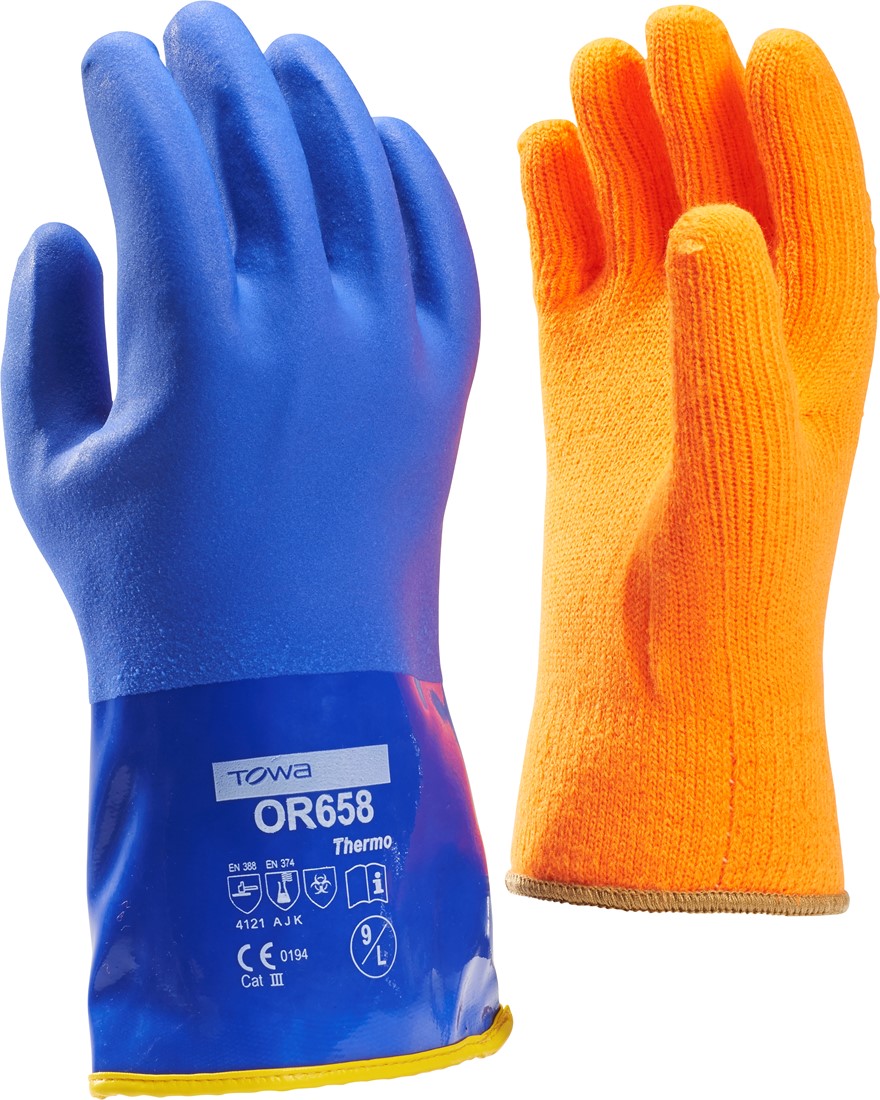 Towa: katoenen handschoen blauw PVC gecoat 30cm CAT 3 winter